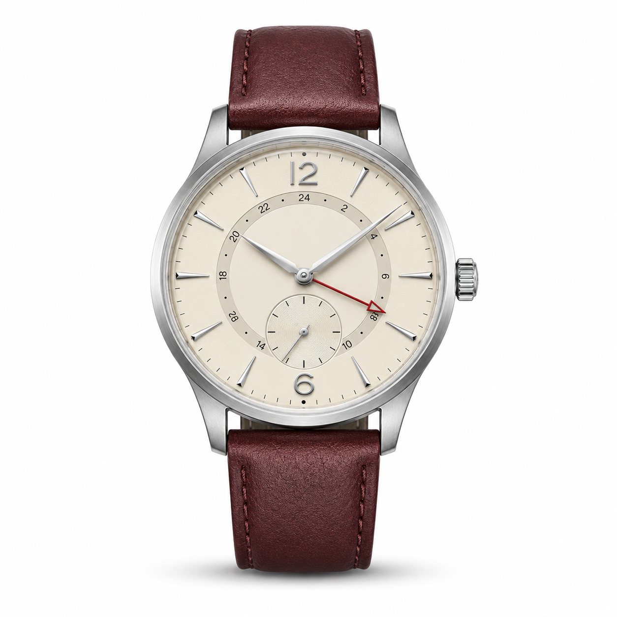 Klassische GMT-Uhr mit bordeauxrotem Armband
